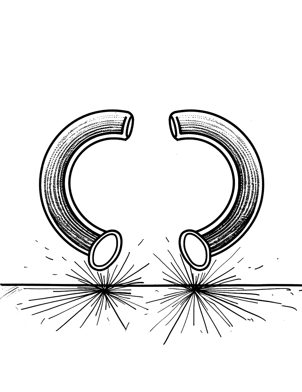 Magnet Attraction Science Coloring Page - Two magnets on a table, with iron filings aligning along the magnetic field lines between them.