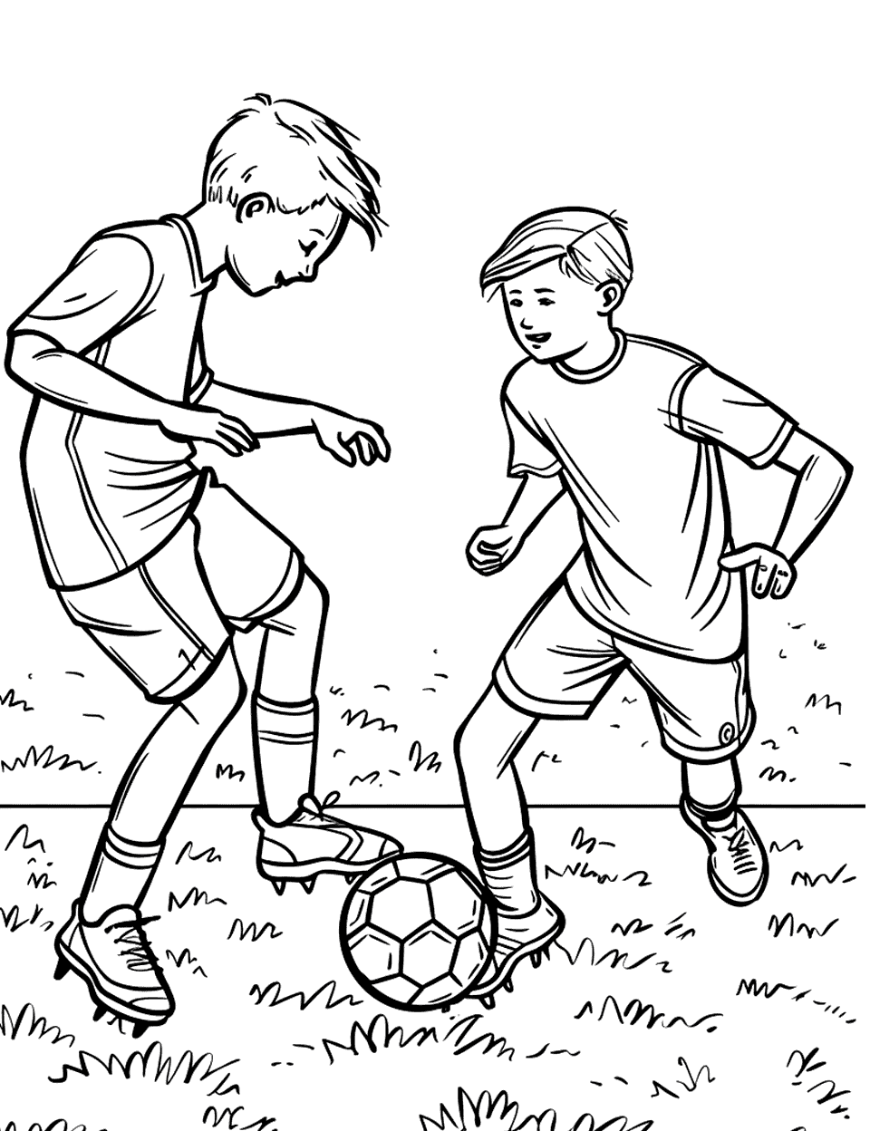 Children Playing Soccer in the Park Coloring Page - Kids are playing a casual game of soccer in the park.