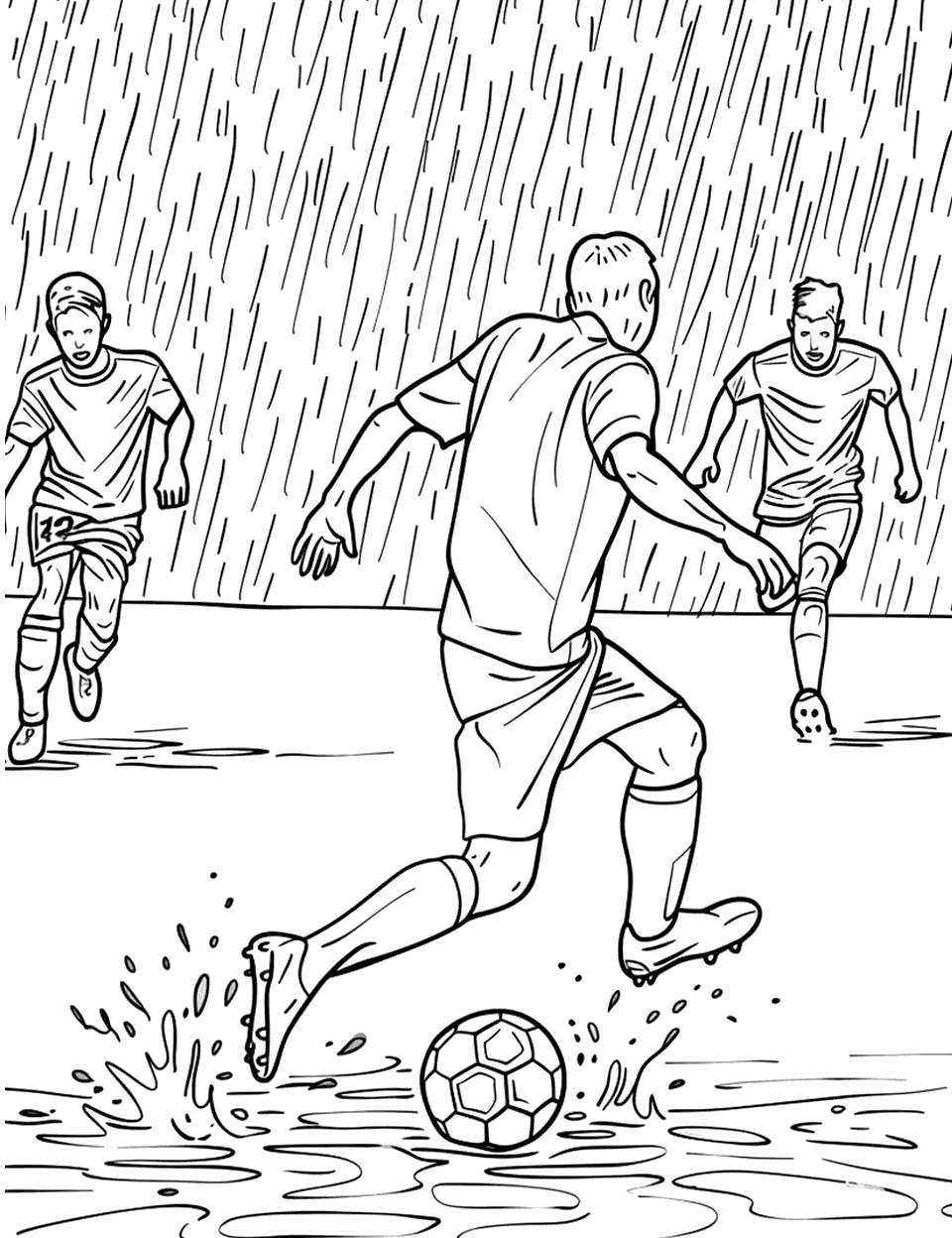 Rainy Day Soccer Match Coloring Page - Players compete in a soccer match while rain pours down, splashing in puddles.