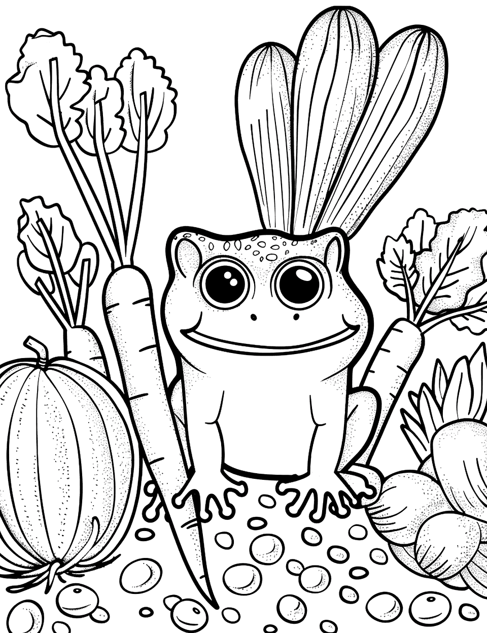 Friendly Frog in a Vegetable Garden Coloring Page - A cheerful frog sits among rows of lush vegetables, such as carrots and lettuce, surrounded by soft soil and scattered pebbles.