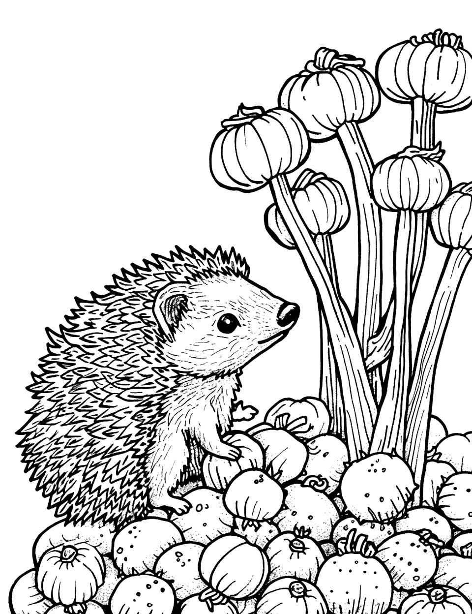 Garlic Cloves Gathering Vegetable Coloring Page - A hedgehog sniffing around small hills of garlic cloves.