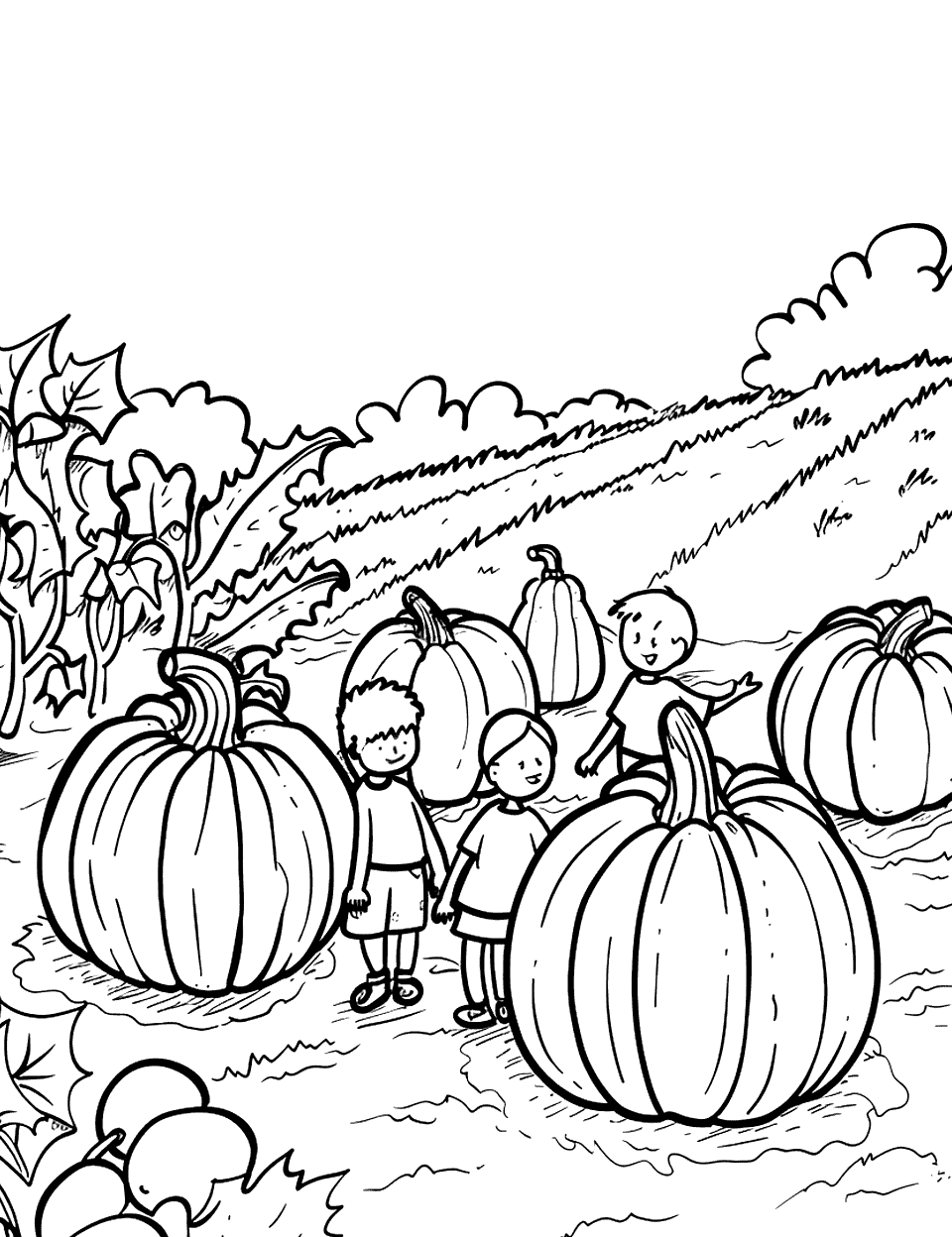 Pumpkin Patch Visit Vegetable Coloring Page - A family visiting a pumpkin patch on a sunny autumn day, with kids choosing the biggest pumpkin to take home.