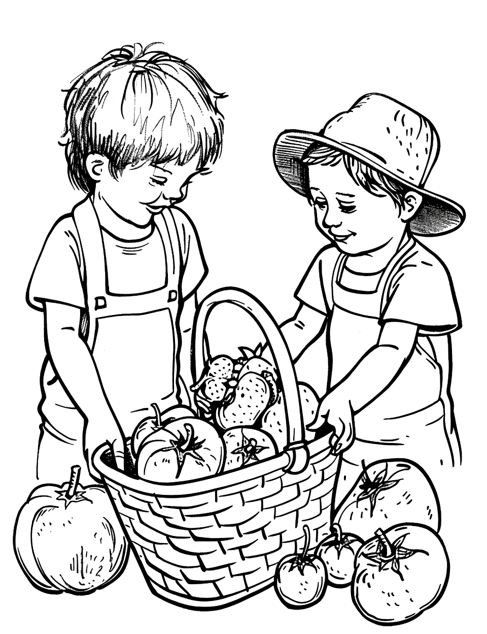 Sunny Tomato Picking Vegetable Coloring Page - Children picking ripe red tomatoes under the sun, with a basket almost overflowing.