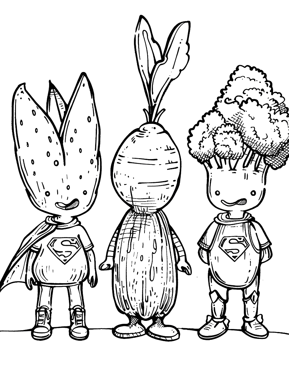 Vegetable Superheroes Coloring Page - Imaginary play scene where different vegetables (carrot, tomato, and broccoli) are dressed as superheroes.