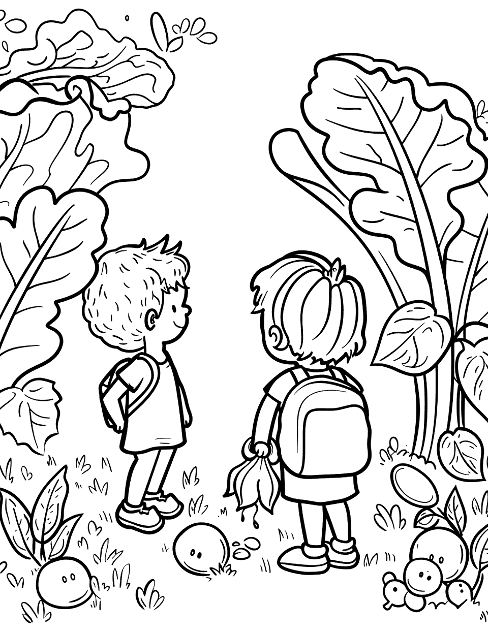 Garden Treasure Hunt Vegetable Coloring Page - Kids on a treasure hunt in a vegetable garden, looking around for hidden items.