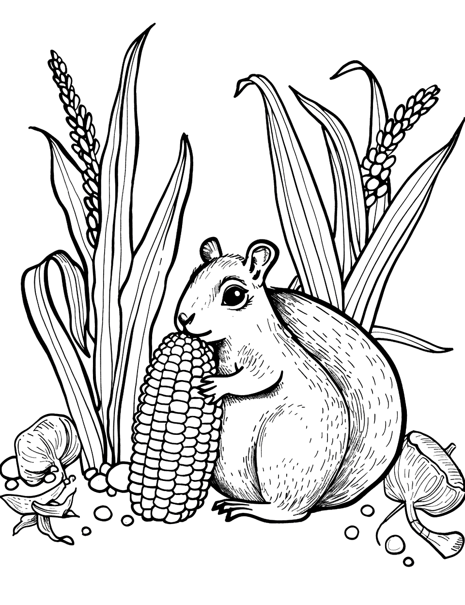 Quiet Time with Corn Vegetable Coloring Page - A squirrel sitting quietly, nibbling on a corn cob amidst a field of corn stalks.