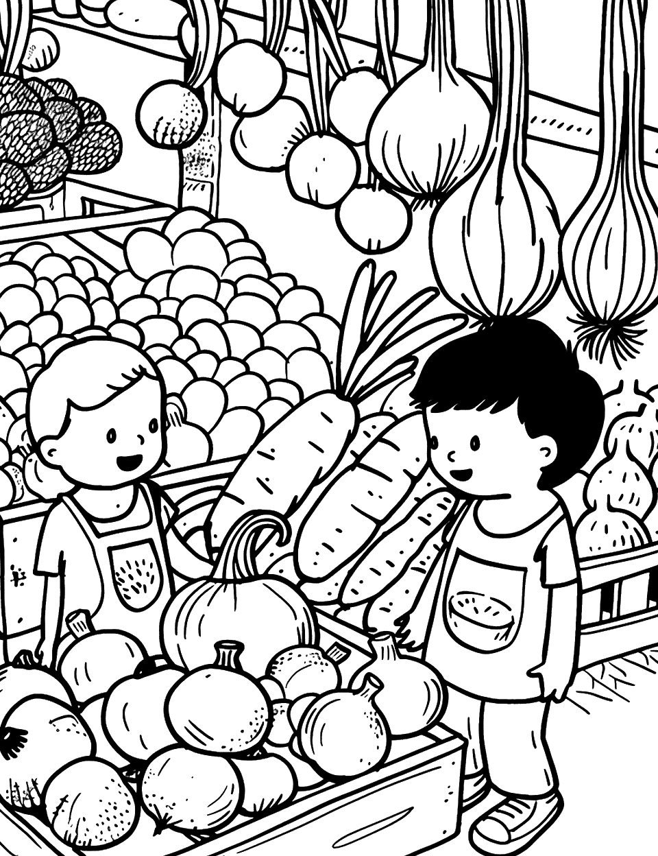 Vegetable Market Day Coloring Page - A busy vegetable market scene with kids helping to sell fresh produce like garlic, onions, and pumpkins.