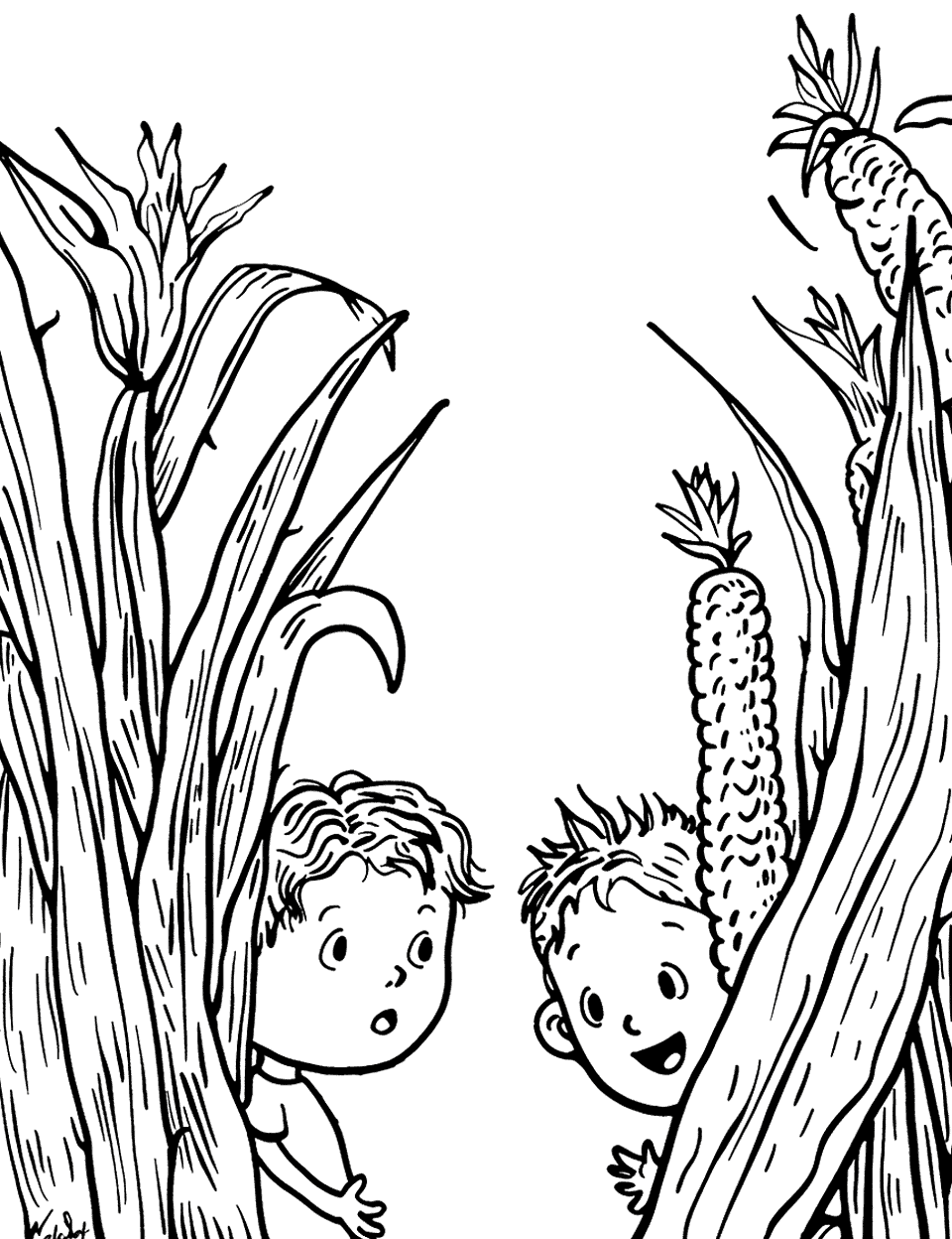 Cornfield Hide and Seek Vegetable Coloring Page - Children playing hide and seek among tall stalks of corn.