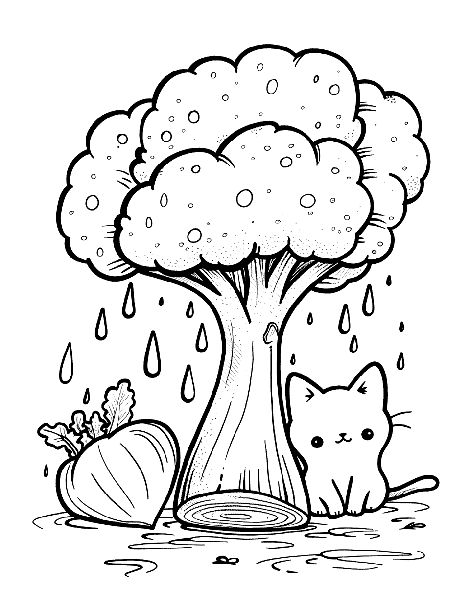 Broccoli Rain Shelter Vegetable Coloring Page - A kitten taking shelter from the rain under a large broccoli, with droplets visibly splashing around it.