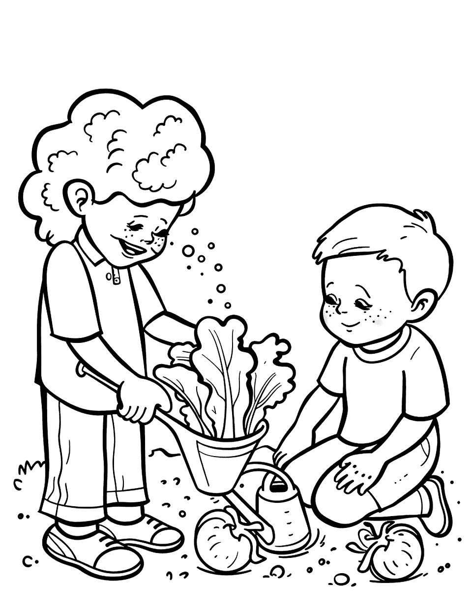 Gentle Gardening Lesson Vegetable Coloring Page - A grandparent and child planting lettuce together in a small garden patch, with a watering can and garden tools nearby.