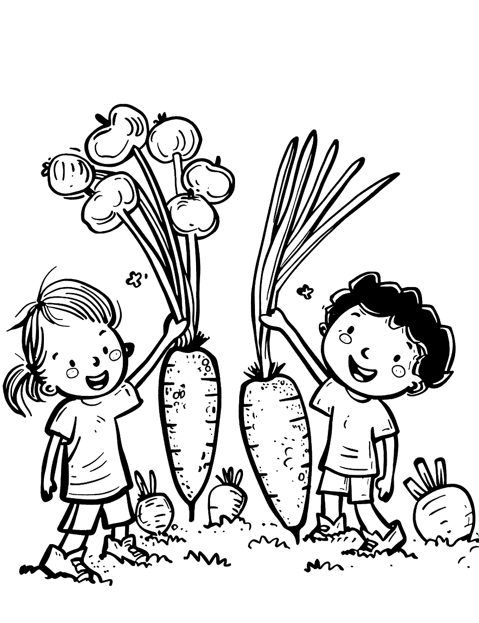 Cheerful Carrot Harvest Vegetable Coloring Page - A small group of kids pull up bright orange carrots from a garden patch with wide smiles and dirt on their hands.