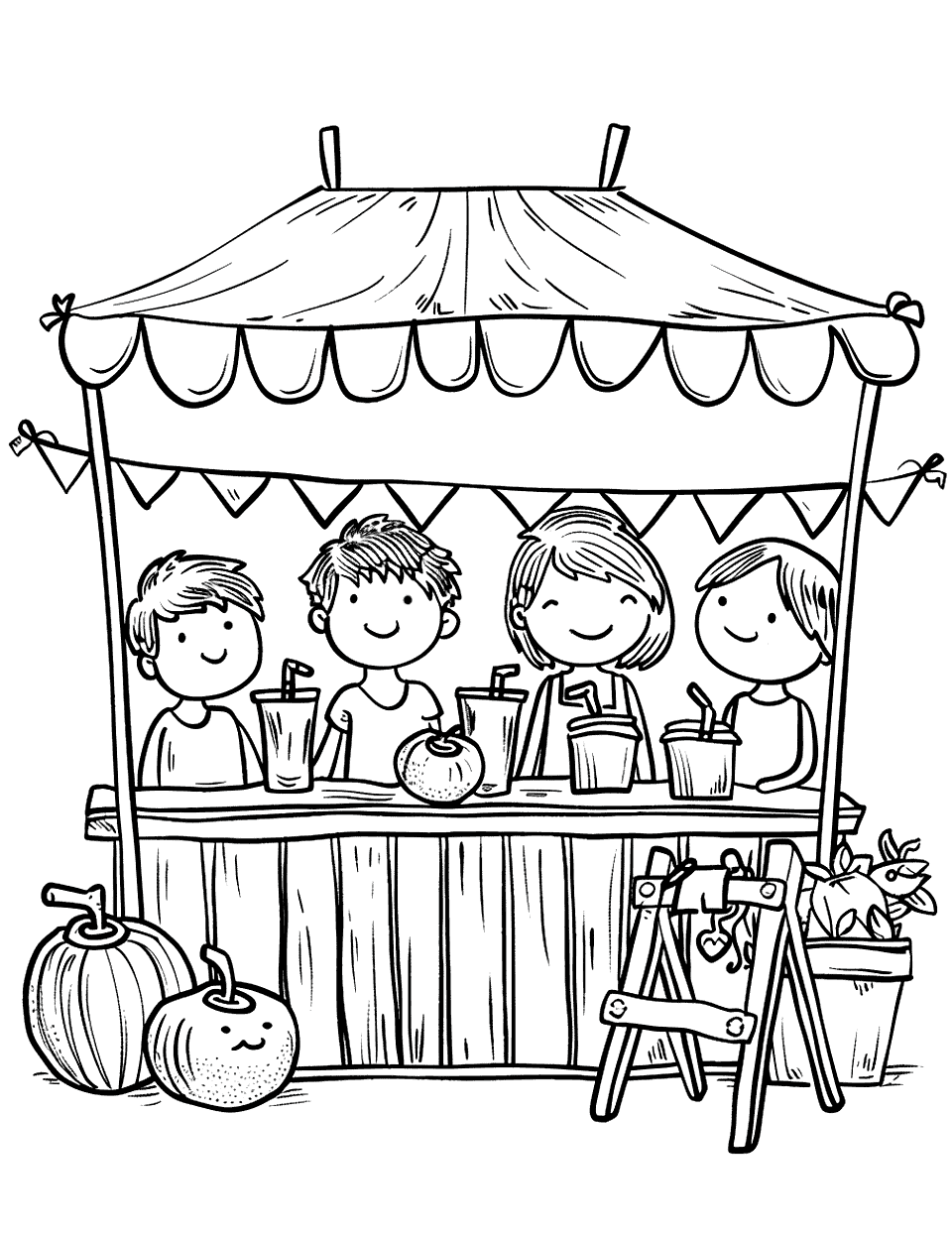 Tomato Juice Stand Vegetable Coloring Page - Children running a homemade tomato juice stand, with cups ready to serve.