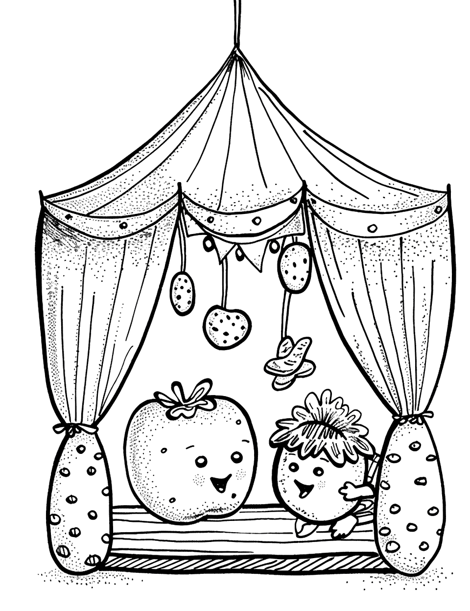 Potato Puppet Show Vegetable Coloring Page - Kids performing a puppet show using potatoes as characters, complete with a small stage and curtains.