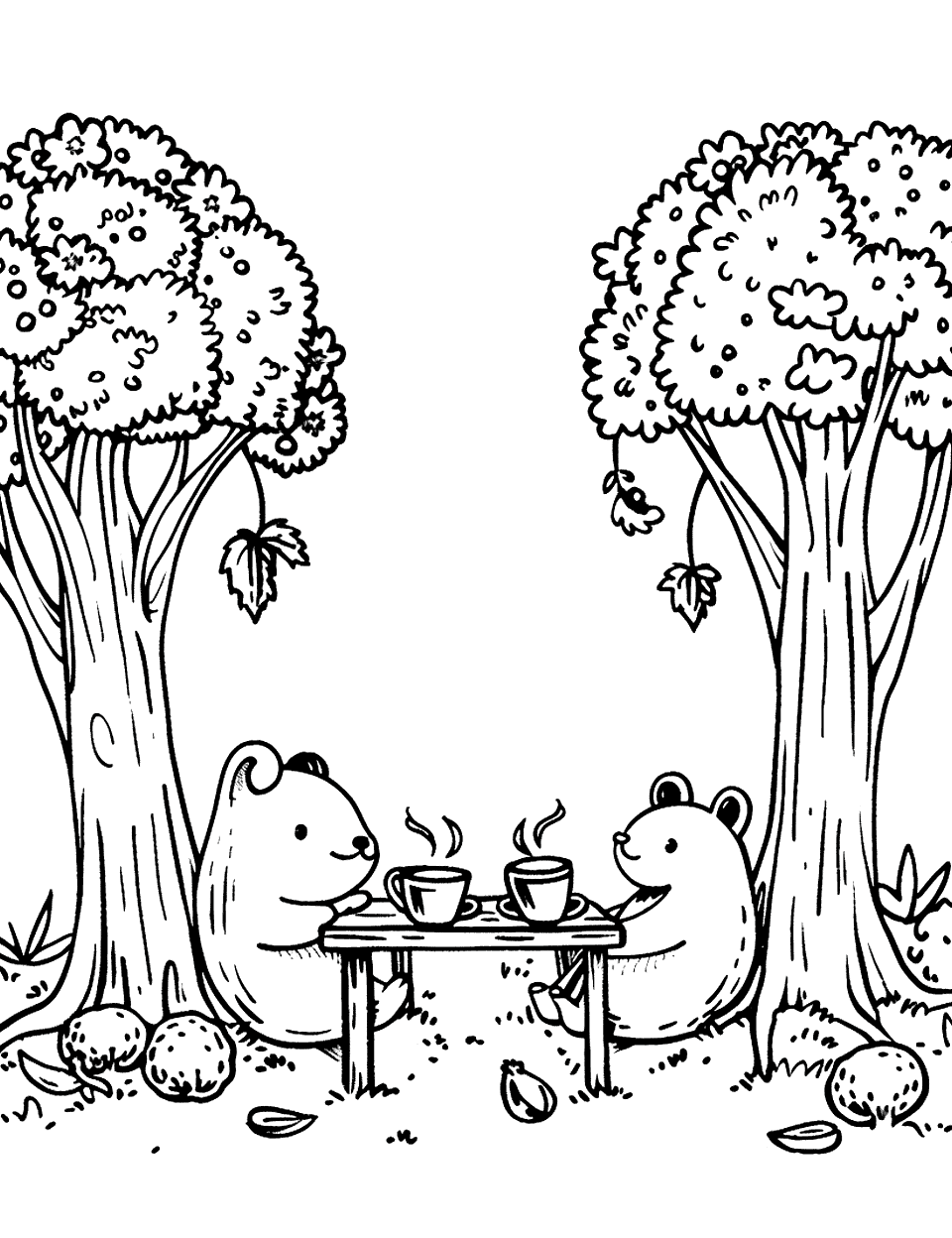 Broccoli and Friends Tea Party Vegetable Coloring Page - A tea party set up with stuffed animals sitting around a small table in a broccoli forest, with tiny cups and plates.