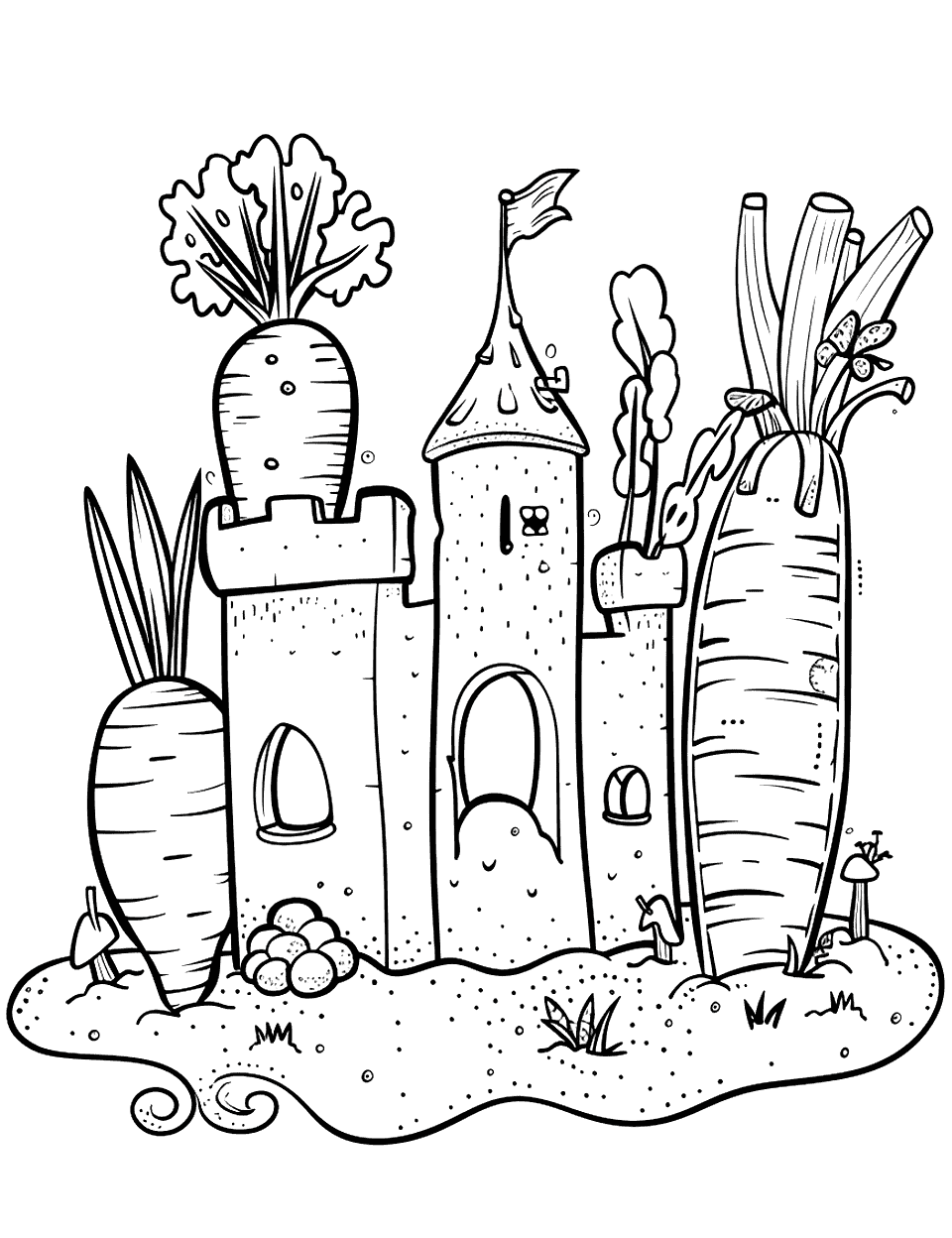 Vegetable Castle Construction Coloring Page - A castle built using various vegetables like carrots for towers and potato walls, on a sandbox.