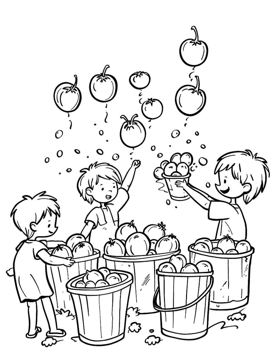 Tomato Toss Game Vegetable Coloring Page - Children play a game where they toss tomatoes into buckets of various sizes, laughing as they play.