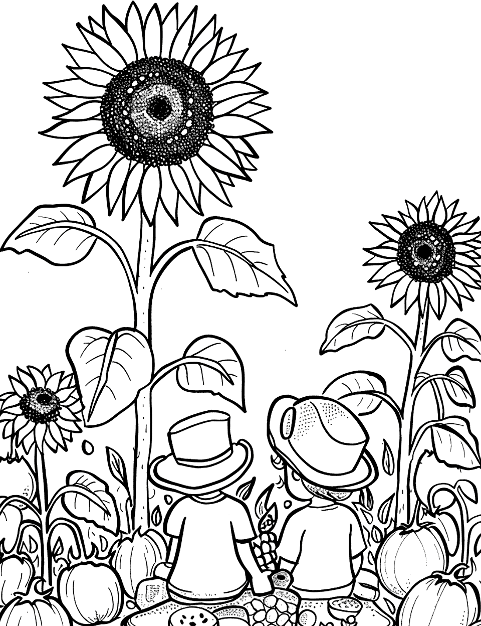 Garden Picnic Adventure Vegetable Coloring Page - A family enjoying a picnic in a garden surrounded by tall sunflowers.