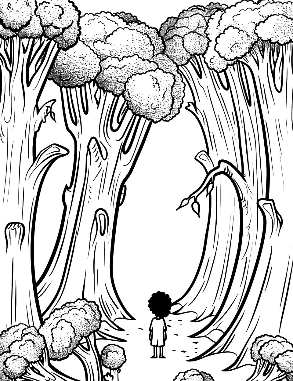 Broccoli Forest Adventure Vegetable Coloring Page - A scene depicting a child imagining themselves tiny, wandering through a dense forest of towering broccoli trees.