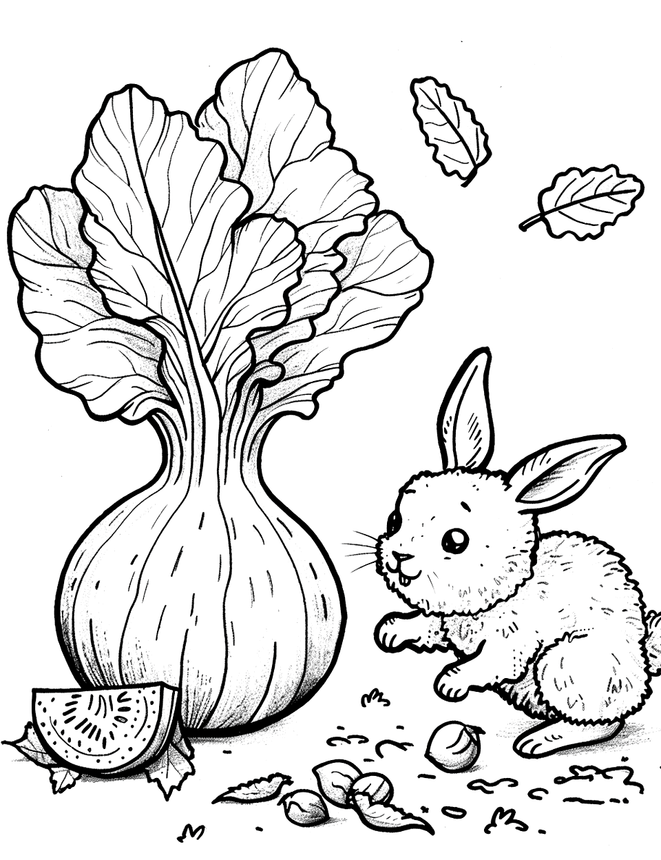 Cabbage Patch Play Vegetable Coloring Page - A playful bunny hopping around a large, leafy cabbage.