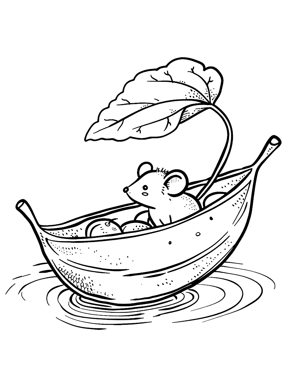 Pea Pod Boat Ride Vegetable Coloring Page - A tiny mouse in a pea pod, floating on a small puddle.