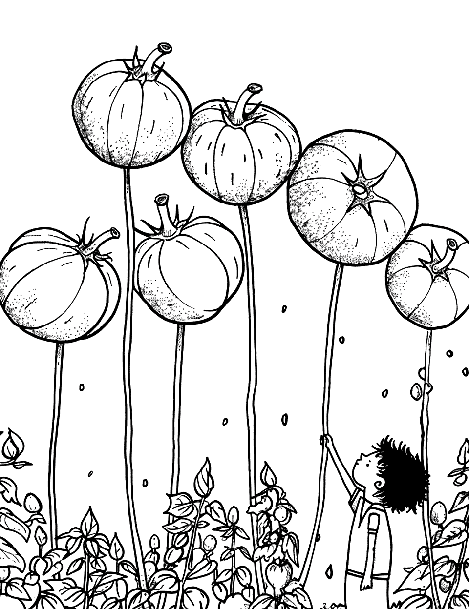 Tomato Balloons Festival Vegetable Coloring Page - Several tomatoes are depicted as balloons floating above a garden, with a child reaching up.