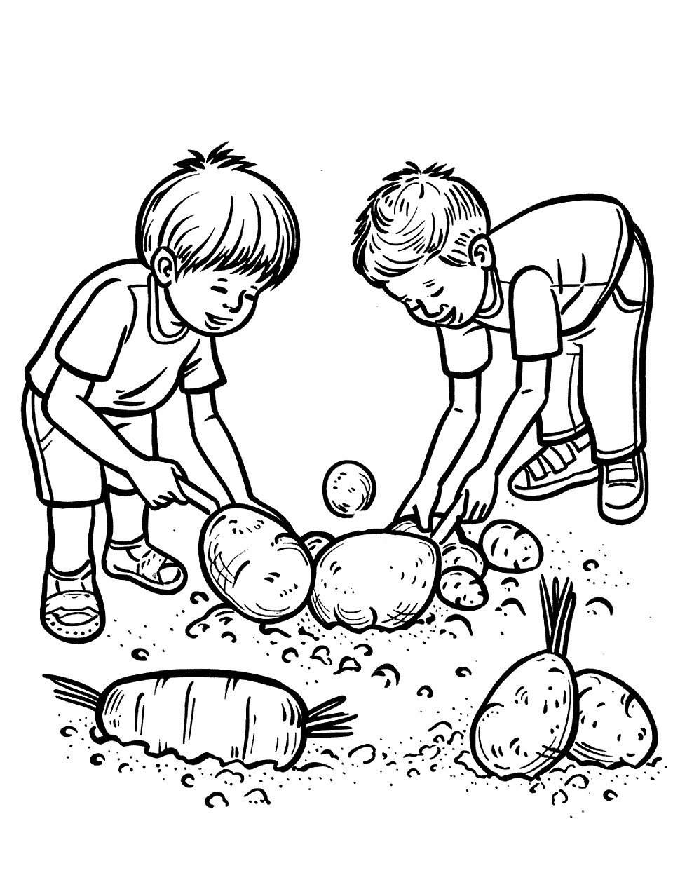 Potato Digging Day Vegetable Coloring Page - Kids dig in the mud, discover various shaped potatoes, and show surprise and delight at their finds.