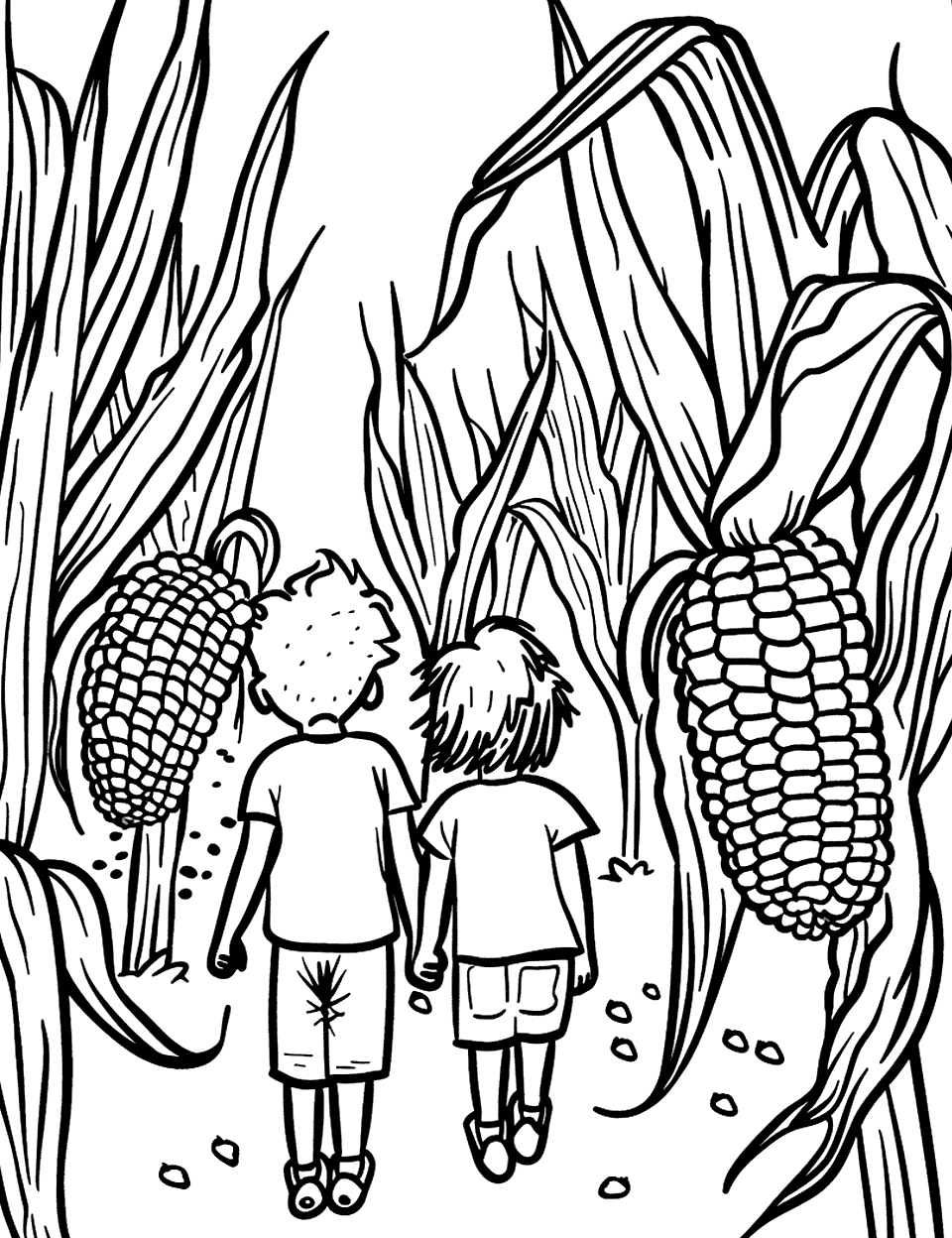 Corn Maze Fun Vegetable Coloring Page - A scene of children navigating through a tall corn maze, with excitement.