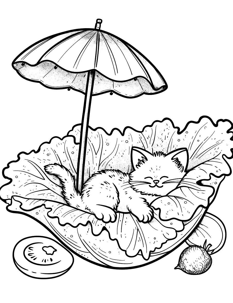 Lettuce Leaf Bed Vegetable Coloring Page - A kitten curled up asleep on a big, soft lettuce leaf, under the shade of a garden umbrella.