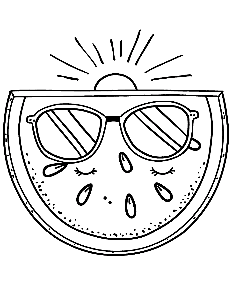 Watermelon Slice in Summer Coloring Page - A kawaii-style watermelon slice under the summer sun, wearing tiny sunglasses.