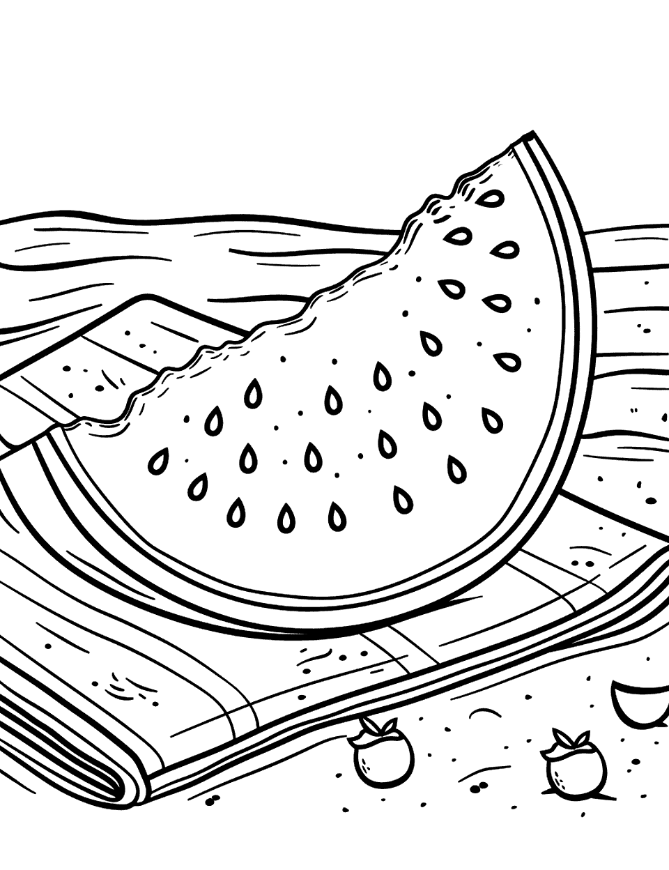 Watermelon Slice at the Beach Coloring Page - A realistic watermelon slice lying on a towel on the sea beach.