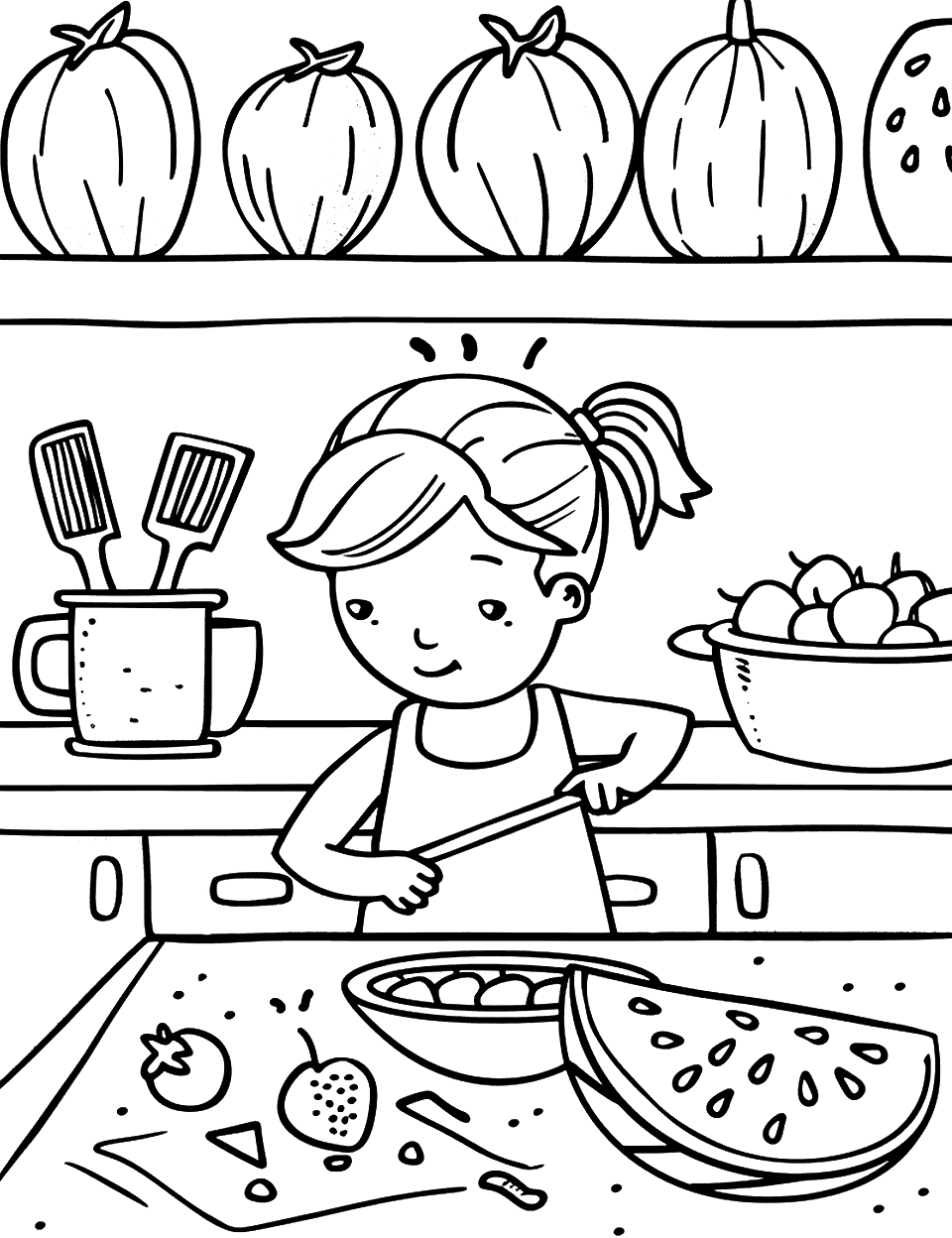 Watermelon Shake Preparation Coloring Page - A kid preparing a watermelon shake in the kitchen, surrounded by ingredients.