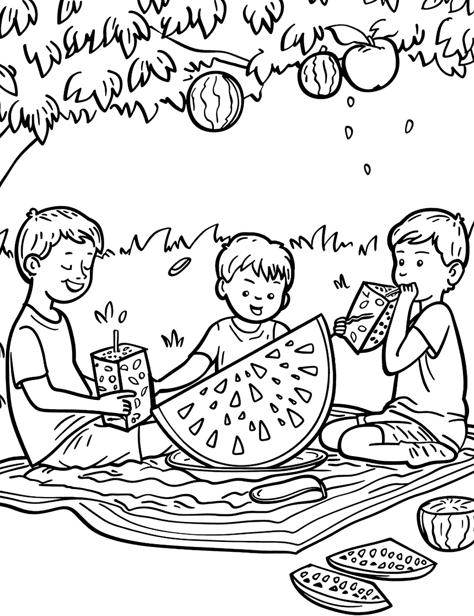 Watermelon Picnic Coloring Page - A family enjoying a picnic with a large watermelon and other snacks in a sunny park.