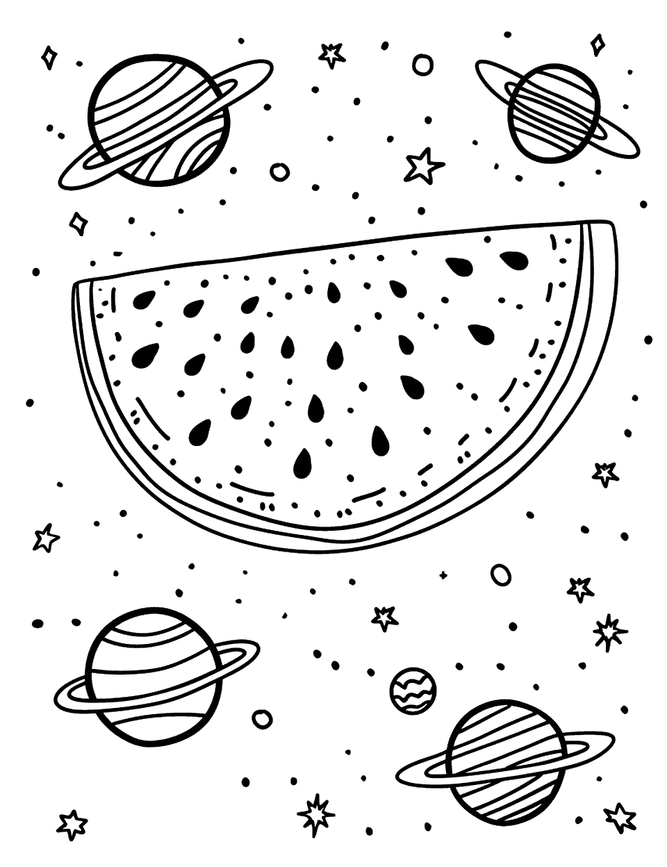 Watermelon in Outer Space Coloring Page - A watermelon floating in space with planets and stars around it.