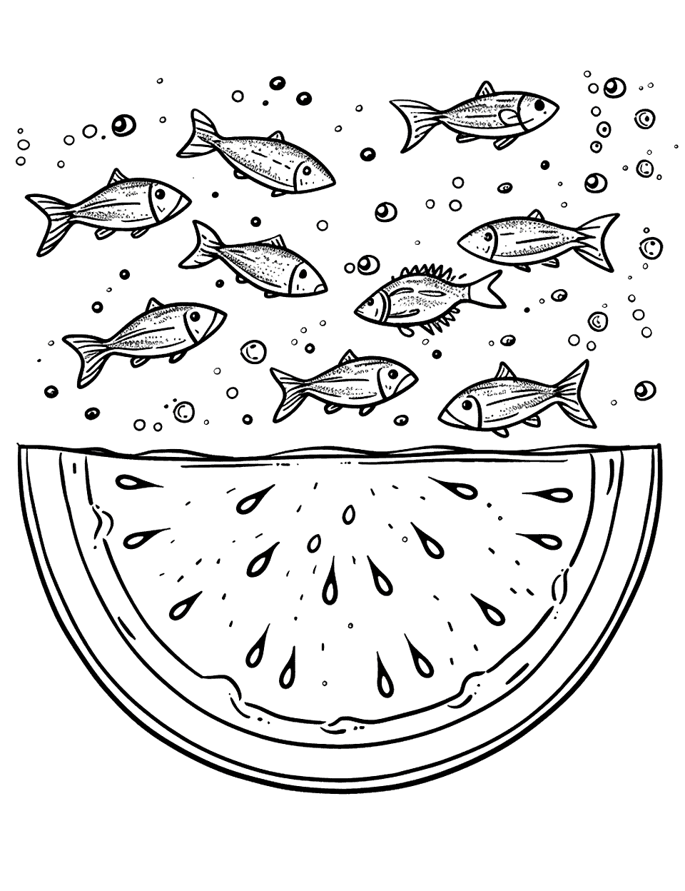 Underwater Watermelon Coloring Page - Fish swimming around a half-submerged watermelon in the ocean.