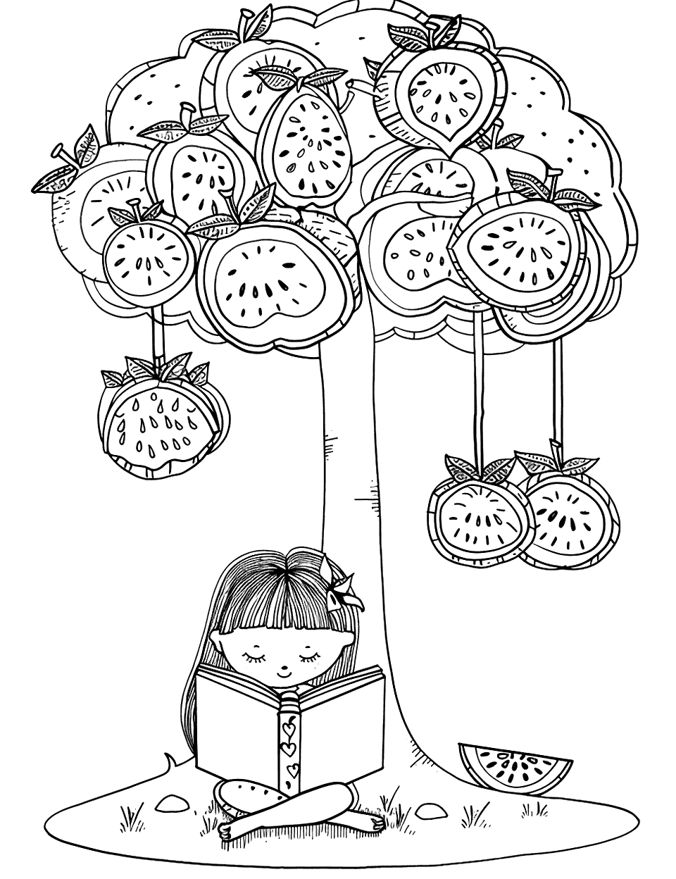 Reading Under a Watermelon Tree Coloring Page - A child reading a book under a whimsical tree with sliced watermelons hanging from it.