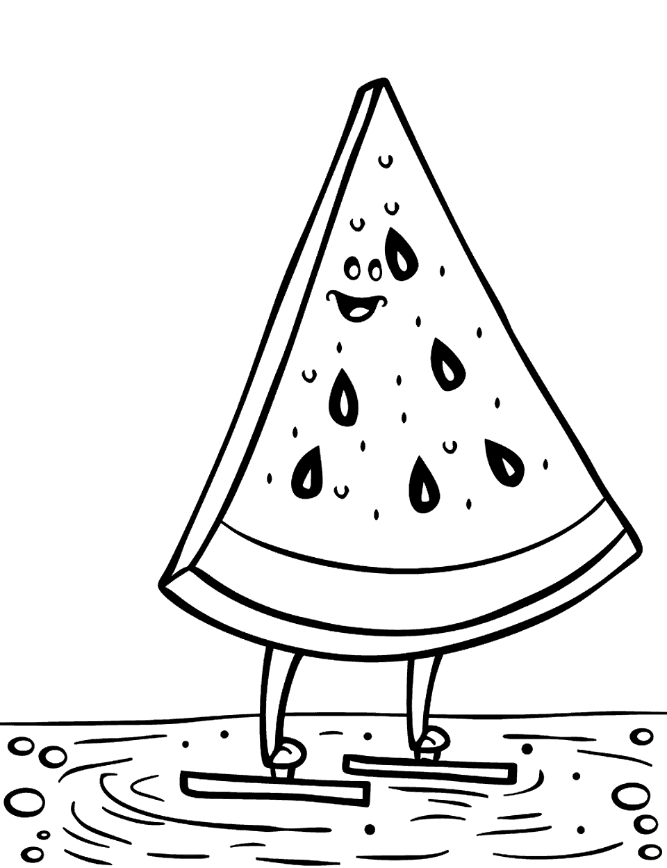 Watermelon Slice on Ice Coloring Page - A happy watermelon slice figure skating on a frozen pond.