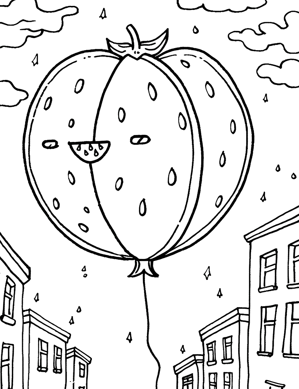 Watermelon Balloon in a Parade Coloring Page - A huge watermelon-shaped balloon floating in a street parade.