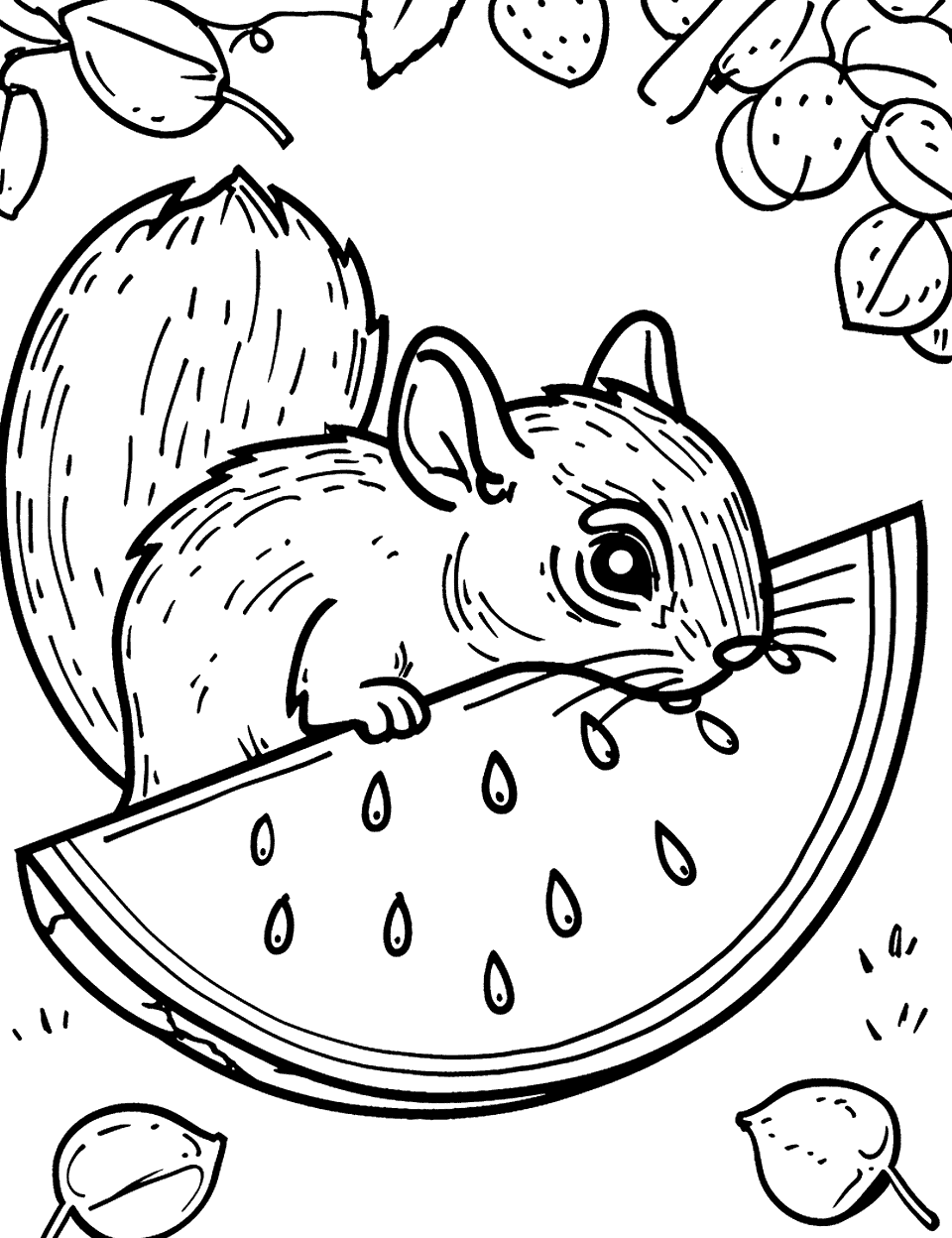 Squirrel Eating Watermelon Coloring Page - A squirrel is nibbling on a small piece of watermelon in a forest.