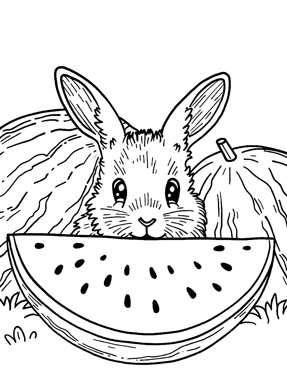 Rabbit in a Watermelon Patch Coloring Page - A rabbit peeking out from behind watermelons in a garden.