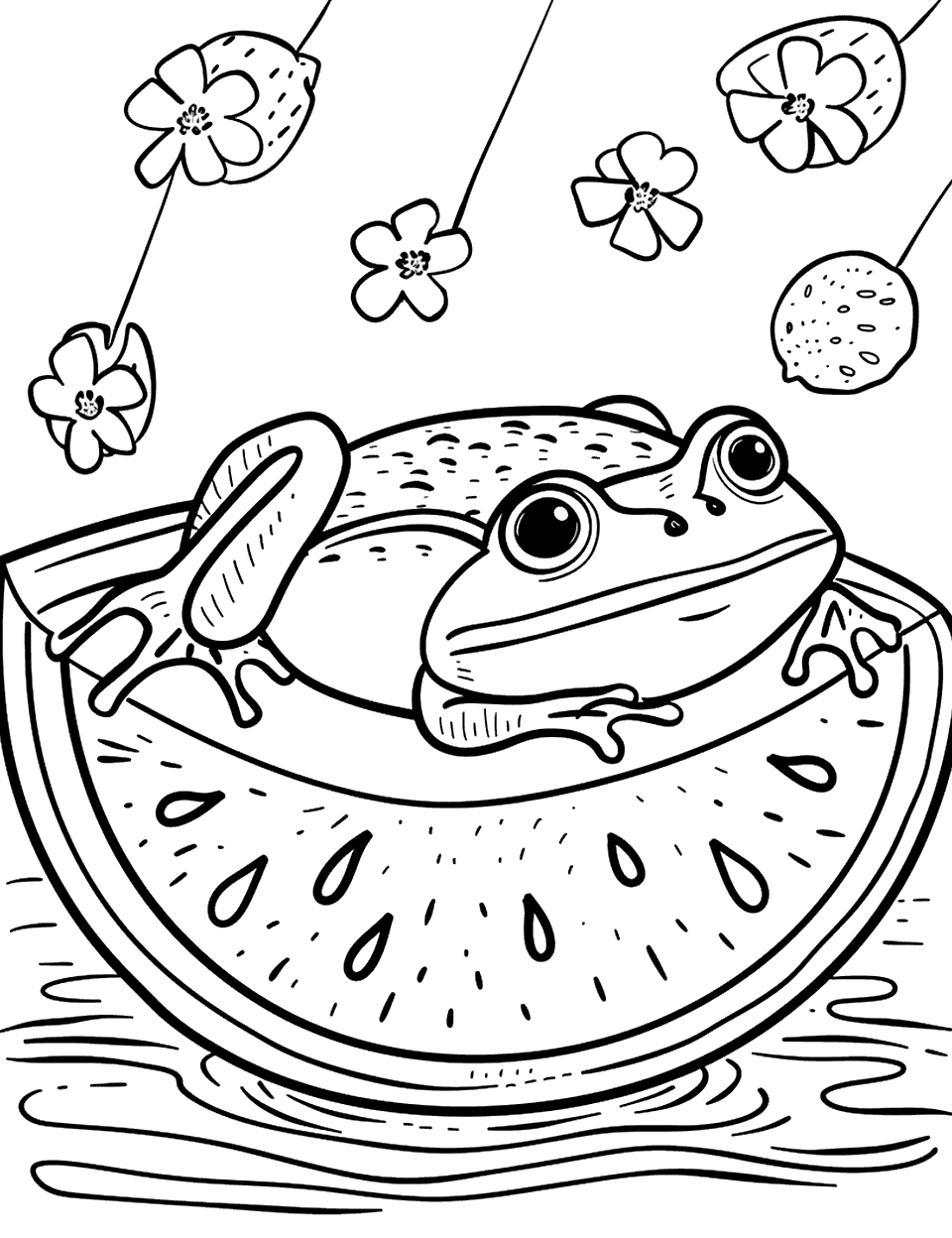 Frogs on Watermelon Coloring Page - A frog sitting on a large watermelon slice, with a pond in the background.