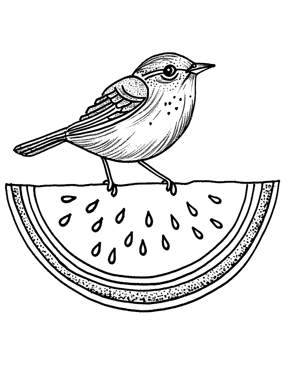 Bird on Watermelon Coloring Page - A bird perched on a watermelon slice, with no background.