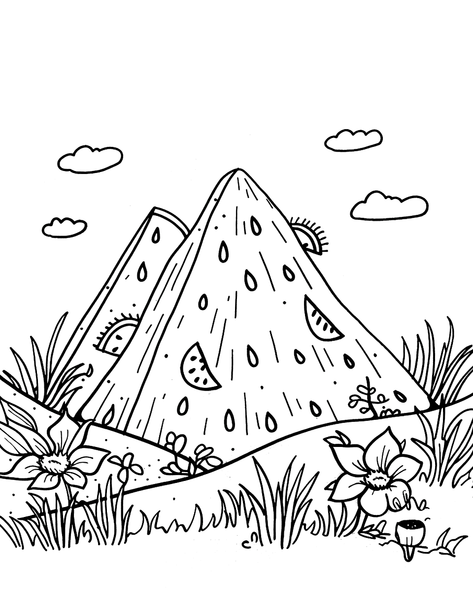 Watermelon Mountain Coloring Page - A fantastical scene with mountains shaped like a watermelon.