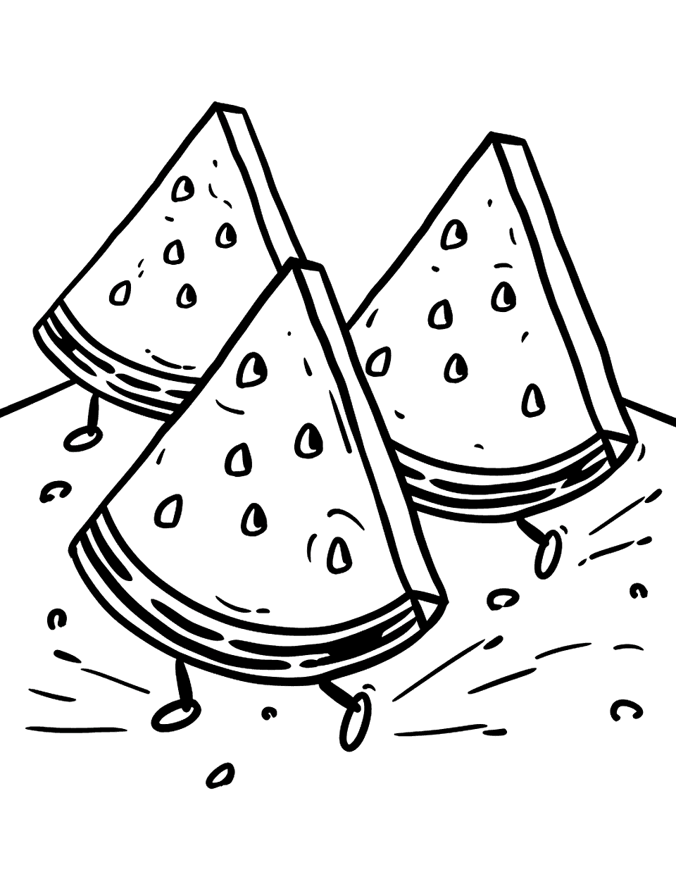 Watermelon Slice Escape Coloring Page - Cartoonish watermelon slices with legs running in a race.