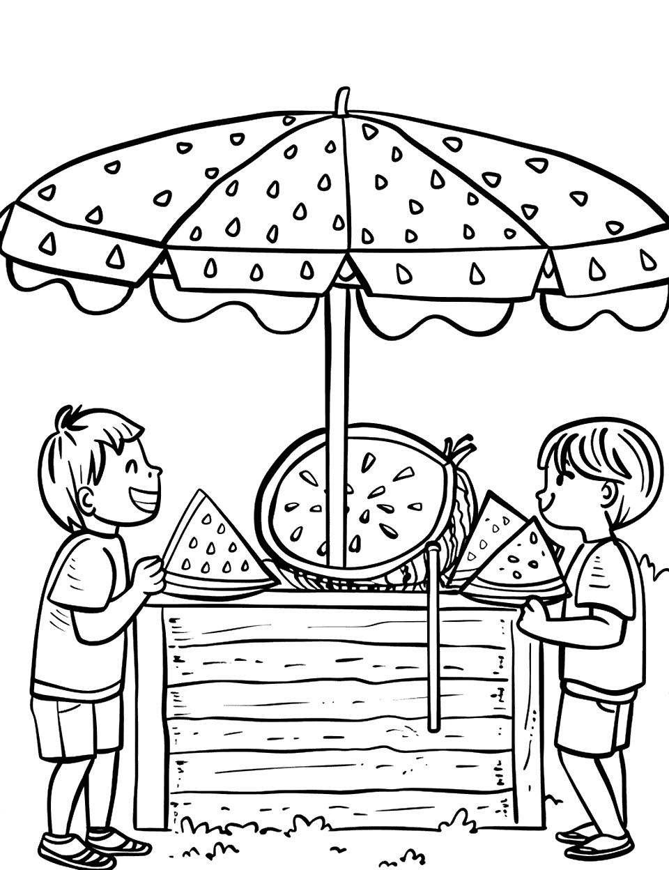 Watermelon and Lemonade Stand Coloring Page - Kids are selling watermelon and lemonade at a neighborhood stand.