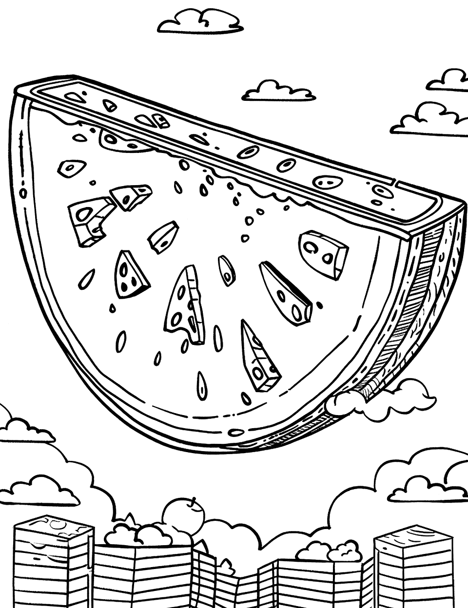 Giant Watermelon Coloring Page - A Giant watermelon slice floating over a city.