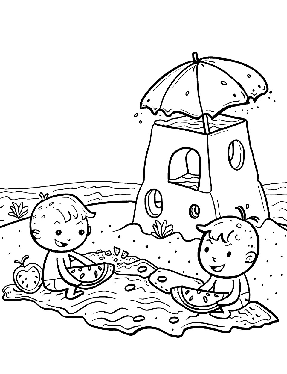 Beach Day Watermelon Coloring Page - Children build a sandcastle on a sea beach with a watermelon picnic setup.