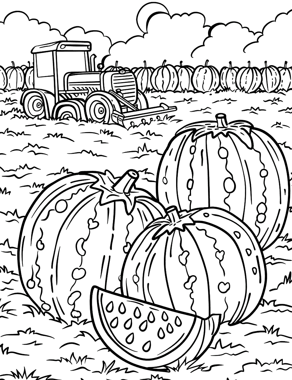 Watermelon Harvest Coloring Page - A farmer harvesting watermelons in a field, with a tractor in the background.