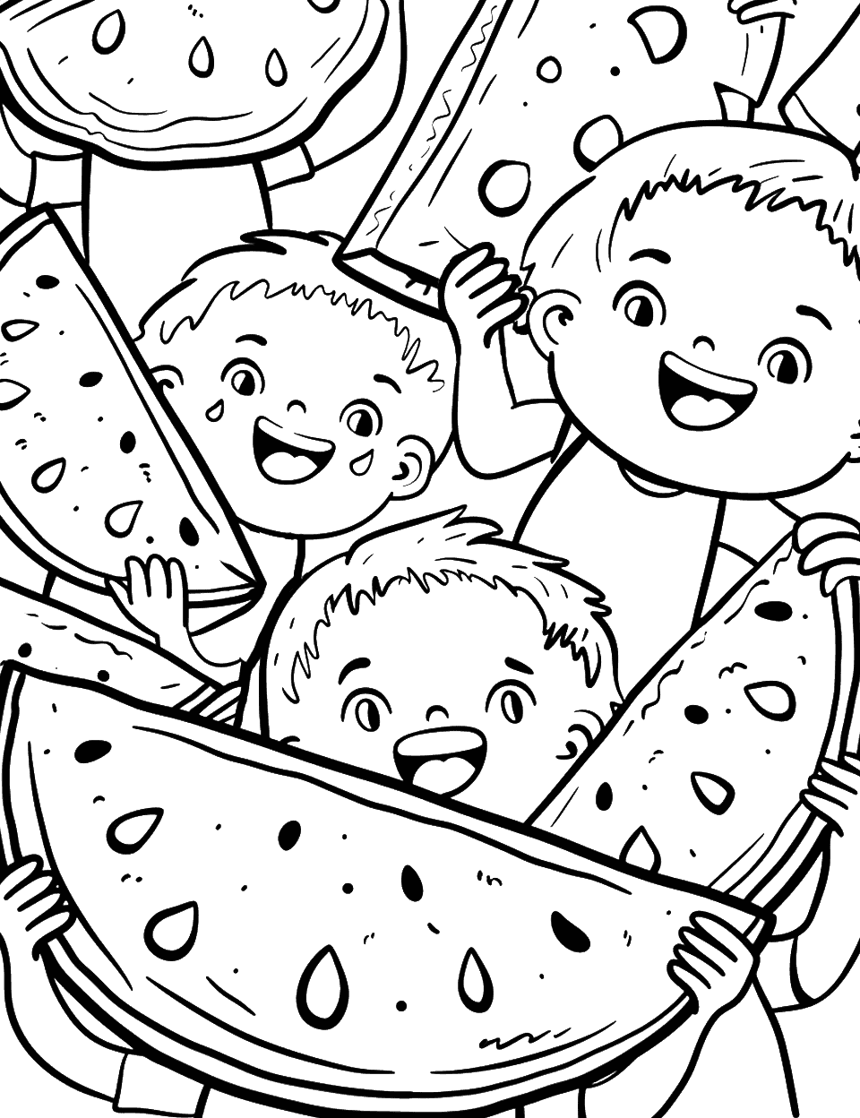 Watermelon Party Coloring Page - A group of kids having a watermelon eating contest, with happy faces and watermelon slices in their hands.