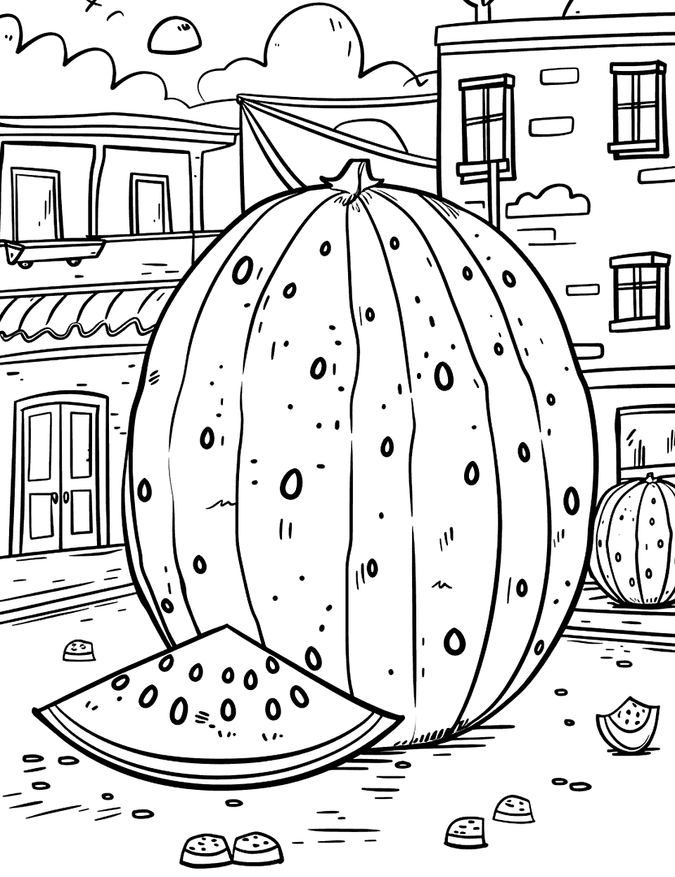 Giant Watermelon in Town Coloring Page - A giant watermelon in the center of a small town square.