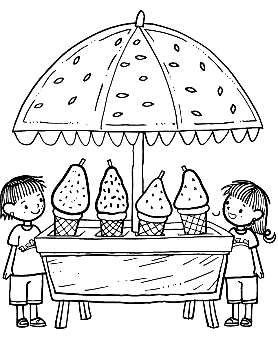 Watermelon Ice Cream Stand Coloring Page - A simple stand selling watermelon ice cream cones.